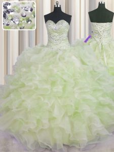 Sexy Yellow Green Lace Up Sweetheart Beading and Ruffles Quinceanera Gowns Organza Sleeveless