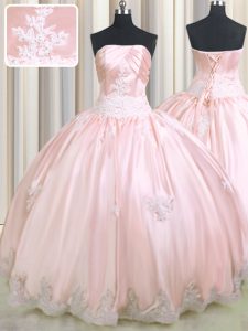 Artistic Strapless Sleeveless Lace Up 15 Quinceanera Dress Baby Pink Taffeta