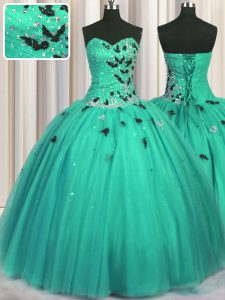 Sexy Turquoise Sweetheart Lace Up Beading and Appliques Sweet 16 Dress Sleeveless