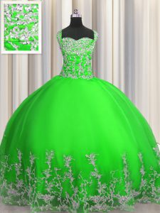 Green Sleeveless Beading and Appliques Floor Length Sweet 16 Dresses