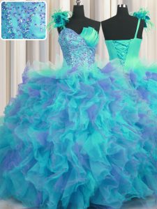 One Shoulder Handcrafted Flower Floor Length Lace Up Sweet 16 Dress Multi-color for Military Ball and Sweet 16 and Quinc