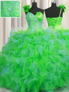 Handcrafted Flower Floor Length Multi-color Quinceanera Dress One Shoulder Sleeveless Lace Up