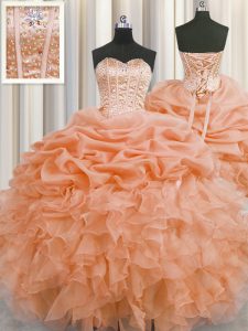 Pick Ups Visible Boning Orange Sleeveless Organza Lace Up Quinceanera Gowns for Military Ball and Sweet 16 and Quinceane