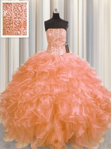 Latest Visible Boning Sleeveless Beading and Ruffles Lace Up Quinceanera Gowns