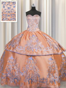 Sleeveless Floor Length Beading and Embroidery Lace Up Quince Ball Gowns with Orange