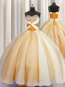 Charming Spaghetti Straps Floor Length Lace Up Quinceanera Dress Orange for Military Ball and Sweet 16 and Quinceanera w