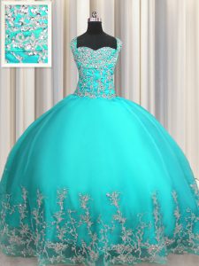 Glorious Beading and Appliques Quinceanera Gowns Aqua Blue Lace Up Sleeveless Floor Length