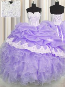 New Arrival Lavender Lace Up 15 Quinceanera Dress Beading and Appliques and Ruffles and Pick Ups Sleeveless Floor Length