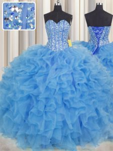 Visible Boning Sleeveless Organza Floor Length Lace Up 15 Quinceanera Dress in Baby Blue with Beading and Ruffles and Sa
