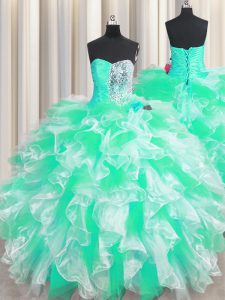 Beading and Ruffles 15 Quinceanera Dress Apple Green Lace Up Sleeveless Floor Length