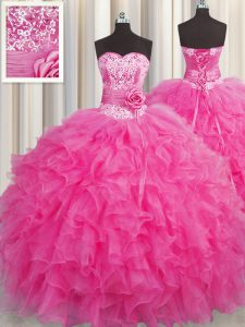 Handcrafted Flower Hot Pink Organza Lace Up Sweet 16 Quinceanera Dress Sleeveless Floor Length Beading and Ruffles