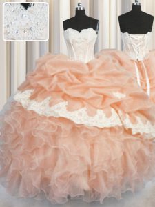 Organza Sweetheart Sleeveless Lace Up Appliques and Ruffles and Pick Ups Sweet 16 Quinceanera Dress in Peach