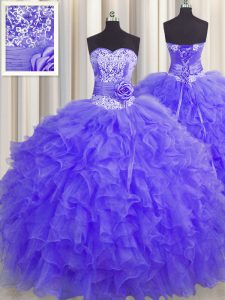 Handcrafted Flower Sweetheart Sleeveless Lace Up Quinceanera Dress Lavender Organza