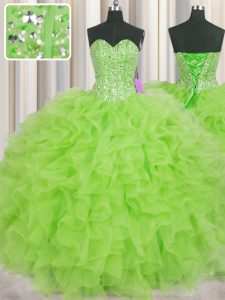Visible Boning Ball Gowns Sweetheart Sleeveless Organza Floor Length Lace Up Beading and Ruffles Ball Gown Prom Dress