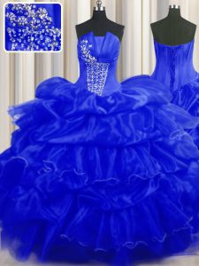 Royal Blue Ball Gowns Beading and Ruffles and Pick Ups Ball Gown Prom Dress Lace Up Organza Sleeveless Floor Length