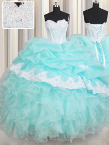 Baby Blue Organza Lace Up Vestidos de Quinceanera Sleeveless Floor Length Beading and Appliques and Ruffled Layers
