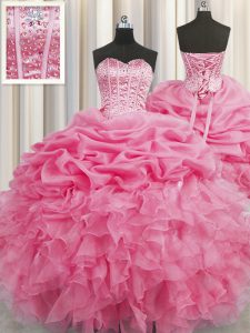 Visible Boning Floor Length Lace Up Vestidos de Quinceanera Rose Pink for Military Ball and Sweet 16 and Quinceanera wit