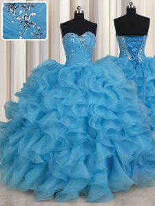 Perfect Floor Length Baby Blue 15th Birthday Dress Sweetheart Sleeveless Lace Up