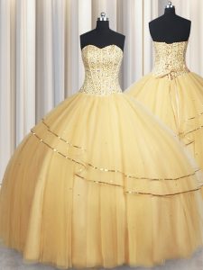 Lovely Visible Boning Big Puffy Champagne Ball Gowns Sweetheart Sleeveless Organza Floor Length Lace Up Beading and Ruch