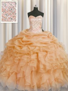 Artistic Gold Sleeveless Organza Lace Up Quince Ball Gowns for Military Ball and Sweet 16 and Quinceanera