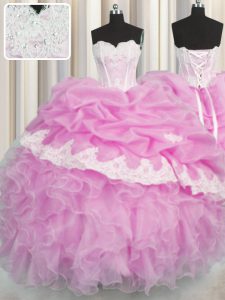 Pink Lace Up Sweet 16 Dresses Beading and Appliques and Ruffles and Pick Ups Sleeveless Floor Length