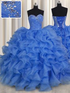 High End Sweetheart Sleeveless Quinceanera Gown Floor Length Beading and Ruffles Blue Organza