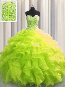 Visible Boning Yellow Green Quinceanera Gowns Military Ball and Sweet 16 and Quinceanera and For with Beading and Ruffle