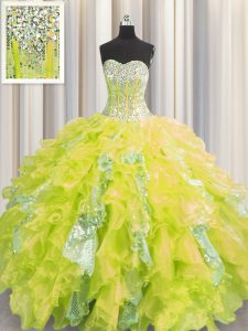 Visible Boning Yellow Organza and Sequined Lace Up Sweetheart Sleeveless Floor Length Quinceanera Gowns Beading and Ruff