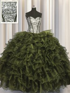 Sequins Visible Boning Olive Green Sleeveless Organza and Sequined Lace Up Quinceanera Gowns for Military Ball and Sweet