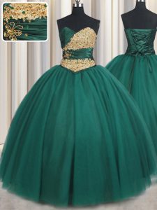 Peacock Green Ball Gowns Beading and Appliques Sweet 16 Dress Lace Up Tulle Sleeveless Floor Length