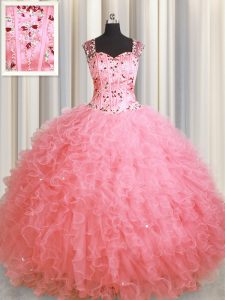 Custom Designed See Through Zipper Up Pink Ball Gowns Square Sleeveless Organza Floor Length Zipper Beading and Ruffles 