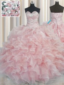 Pretty Bling-bling Floor Length Lace Up 15th Birthday Dress Pink for Military Ball and Sweet 16 and Quinceanera with Bea