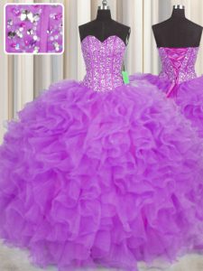 Visible Boning Beading and Ruffles and Sashes ribbons Vestidos de Quinceanera Purple Lace Up Sleeveless Floor Length