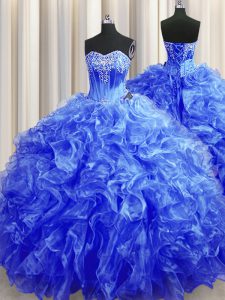 Dramatic Royal Blue Ball Gowns Organza Sweetheart Sleeveless Beading and Ruffles Lace Up 15th Birthday Dress Sweep Train
