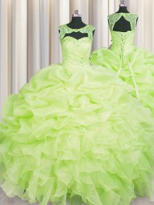 Scoop Floor Length Yellow Green Quince Ball Gowns Organza Sleeveless Beading and Pick Ups