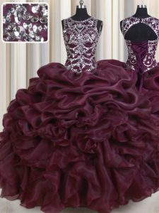 See Through Burgundy Organza Lace Up Scoop Sleeveless Floor Length Quinceanera Dress Beading and Pick Ups