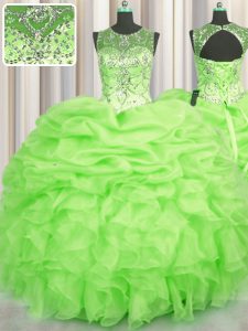 Stylish See Through Organza Lace Up Ball Gown Prom Dress Sleeveless Floor Length Beading and Ruffles and Pick Ups