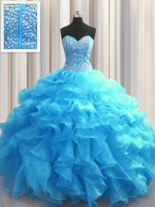 Flare Visible Boning Beading and Ruffles Sweet 16 Quinceanera Dress Baby Blue Lace Up Sleeveless Floor Length