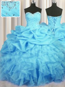 Baby Blue Ball Gowns Beading and Ruffles and Ruching and Pick Ups 15 Quinceanera Dress Lace Up Organza Sleeveless Floor 