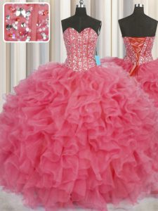 Visible Boning Floor Length Lace Up Sweet 16 Dress Coral Red for Military Ball and Sweet 16 and Quinceanera with Beading