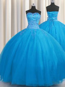 Charming Big Puffy Sleeveless Floor Length Beading Lace Up Ball Gown Prom Dress with Blue