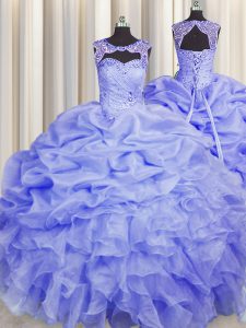Blue Lace Up Scoop Beading and Pick Ups Vestidos de Quinceanera Organza Sleeveless