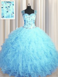 Simple See Through Zipper Up Floor Length Baby Blue Sweet 16 Quinceanera Dress Tulle Sleeveless Beading and Ruffles