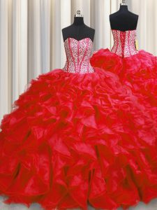 Edgy Visible Boning Red Sleeveless Organza Lace Up Sweet 16 Dress for Military Ball and Sweet 16 and Quinceanera