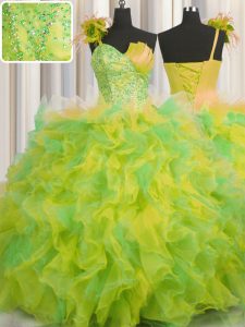 One Shoulder Handcrafted Flower Multi-color Ball Gowns Beading and Ruffles and Hand Made Flower Quinceanera Gown Lace Up