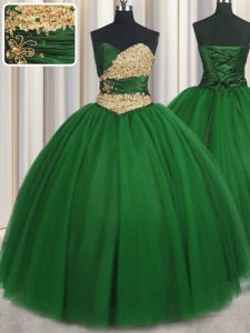 Exceptional Green Ball Gowns Sweetheart Sleeveless Tulle Floor Length Lace Up Beading and Appliques Sweet 16 Dress