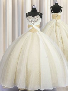 Adorable Spaghetti Straps Champagne Ball Gowns Beading and Ruching Quince Ball Gowns Lace Up Organza Sleeveless Floor Le