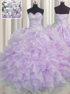 Excellent Floor Length Lace Up Quince Ball Gowns Lavender for Military Ball and Sweet 16 and Quinceanera with Beading an