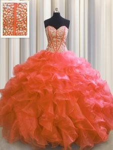 Enchanting Visible Boning Sweetheart Sleeveless Organza Ball Gown Prom Dress Beading and Ruffles Lace Up