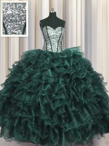 Fabulous Visible Boning Organza and Sequined Sweetheart Sleeveless Lace Up Ruffles and Sequins Quinceanera Gown in Peaco